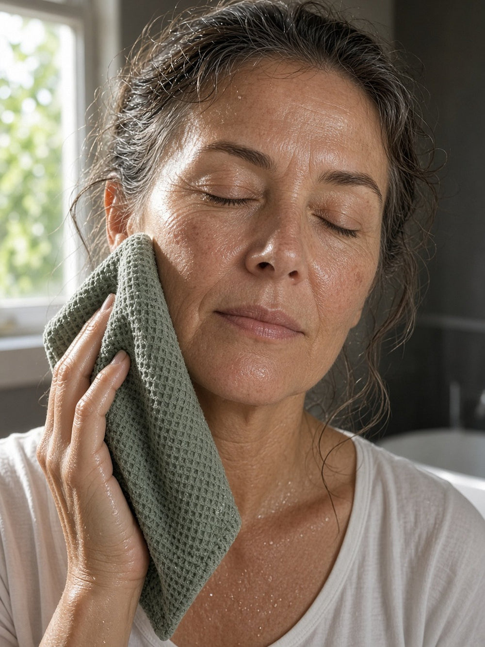 Woman pressing a Matcha Green face towel to her cheek