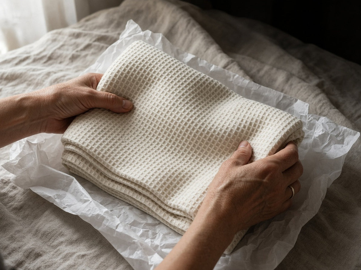 Hands unfolding a new Kenshō waffle towel