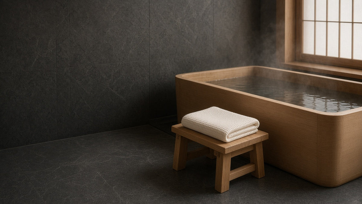 A folded Kenshō waffle towel on a wooden stool beside a hinoki soaking tub