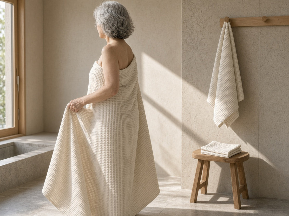 A woman in a calm bathroom wrapped in a Kenshō waffle bath sheet, with hand and face towels beside her